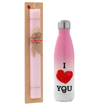 I Love You, Easter Set, Metallic pink/white (Stainless steel) thermos, double-walled, 500ml & aromatic flat Easter candle (30cm) (PINK)