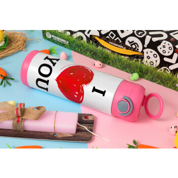 I Love You, Πασχαλινή Λαμπάδα με Παιδικό παγούρι θερμό, ανοξείδωτο, με καλαμάκι ασφαλείας, ΡΟΖ (500ml)