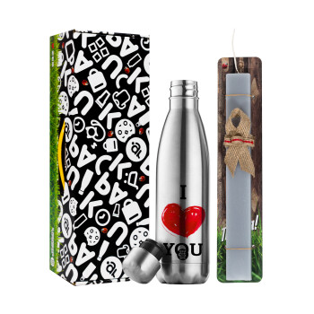 I Love You, Easter Set, metallic stainless thermos flask (500ml) & scented flat Easter candle (30cm) (GRAY)
