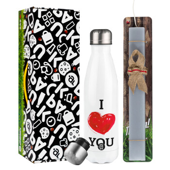I Love You, Easter candle, metallic white thermos bottle (500ml) & aromatic flat candle (30cm) (GRAY)