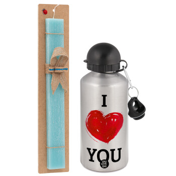 I Love You, Easter Set, metallic silver aluminum water bottle (500ml) & scented flat Easter candle (30cm) (TURQUOISE)