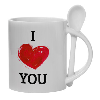 I Love You, Ceramic coffee mug with Spoon, 330ml (1pcs)