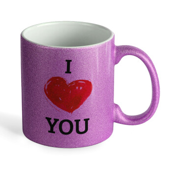 I Love You, Κούπα Μωβ Glitter που γυαλίζει, κεραμική, 330ml