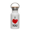 Metallic thermos (Stainless steel) White with wooden lid (bamboo), double-walled, 350ml