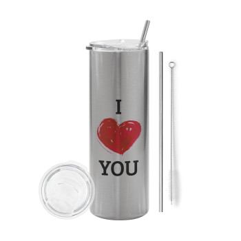 I Love You, Eco friendly stainless steel Silver tumbler 600ml, with metal straw & cleaning brush