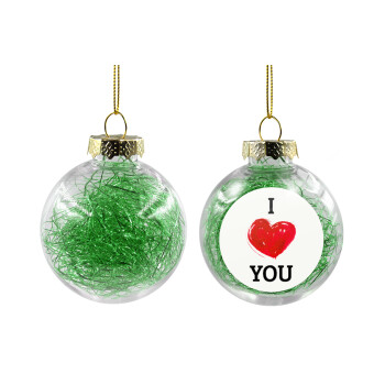 I Love You, Transparent Christmas tree ball ornament with green filling 8cm