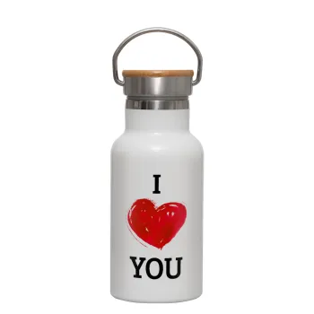 I Love You, Μεταλλικό παγούρι θερμός (Stainless steel) Λευκό με ξύλινο καπακι (bamboo), διπλού τοιχώματος, 350ml