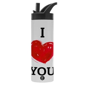 I Love You, Μεταλλικό παγούρι θερμός με καλαμάκι & χειρολαβή, ανοξείδωτο ατσάλι (Stainless steel 304), διπλού τοιχώματος, 600ml