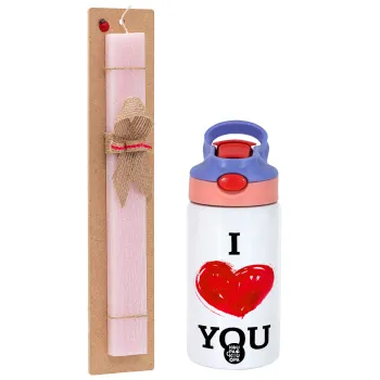 I Love You, Easter Set, Children's thermal stainless steel water bottle with safety straw, pink/purple (350ml) & Easter scented flat candle (30cm) (PINK)