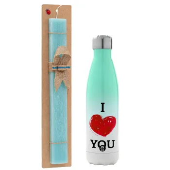 I Love You, Easter Set, Metallic green/white thermos (Stainless steel), double-walled, 500ml & scented flat Easter candle (30cm) (TURQUOISE)