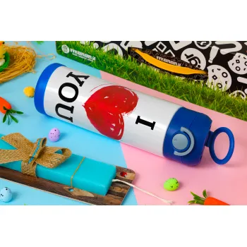 I Love You, Easter candle, Childrens hot water bottle, stainless steel, with safety straw, BLUE (500ml)