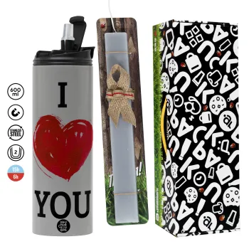 I Love You, Πασχαλινή Λαμπάδα με Travel Tumbler θερμό (600ml, BPA free) & κερί αρωματικό πλακέ (30cm) (ΓΚΡΙ)
