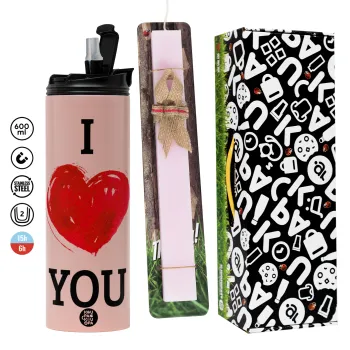 I Love You, Πασχαλινή Λαμπάδα με  ΡΟΖ Travel Tumbler θερμό (600ml, BPA free) & κερί αρωματικό πλακέ (30cm) (ΡΟΖ)