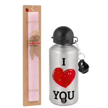 I Love You, Πασχαλινή Λαμπάδα με παγούρι μεταλλικό Ασημένιο αλουμινίου (500ml) & κερί αρωματικό πλακέ (30cm) (ΡΟΖ)