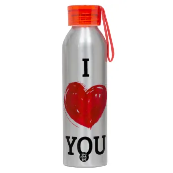 I Love You, Αλουμινένιο Αθλητικό Μπουκάλι 650ml – Ασημί με Κόκκινο Καπάκι και Λουράκι Σιλικόνης
