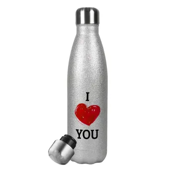 I Love You, Metallic Glitter Silver Thermos Flask (Stainless steel), double-walled, 500ml