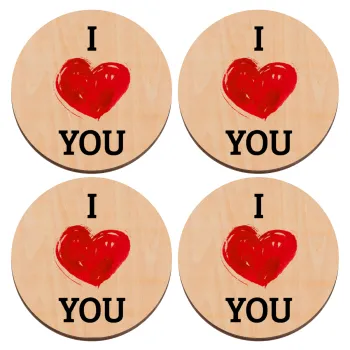 I Love You, ΣΕΤ x4 Σουβέρ ξύλινα στρογγυλά plywood (9cm)