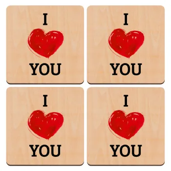 I Love You, ΣΕΤ x4 Σουβέρ ξύλινα τετράγωνα plywood (9cm)