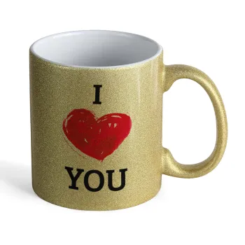 I Love You, Κούπα Χρυσή Glitter που γυαλίζει, κεραμική, 330ml
