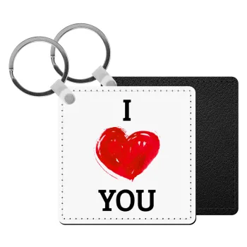 I Love You, Μπρελόκ Δερματίνη, τετράγωνο ΜΑΥΡΟ (5x5cm)