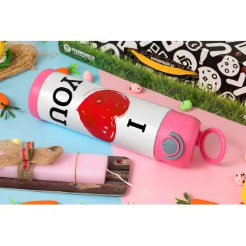I Love You, Easter candle, Childrens hot water bottle, stainless steel, with safety straw, PINK (500ml)