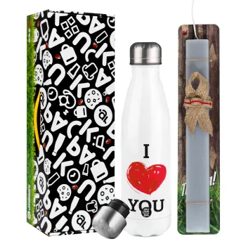 I Love You, Easter candle, metallic white thermos bottle (500ml) & aromatic flat candle (30cm) (GRAY)