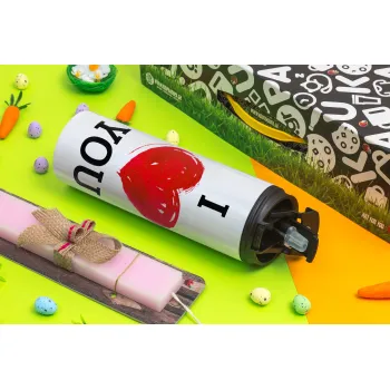 I Love You, Πασχαλινή Λαμπάδα με Travel Tumbler θερμό με διπλό καπάκι (600ml, BPA free) & κερί αρωματικό πλακέ (30cm) (ΡΟΖ)