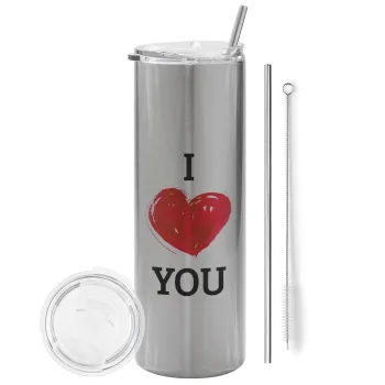 I Love You, Tumbler stainless steel Silver 600ml, with metal straw & cleaning brush