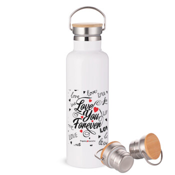 Love You Forever, Stainless steel White with wooden lid (bamboo), double wall, 750ml