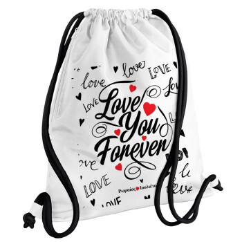 Love You Forever, Τσάντα πλάτης πουγκί GYMBAG λευκή, με τσέπη (40x48cm) & χονδρά κορδόνια