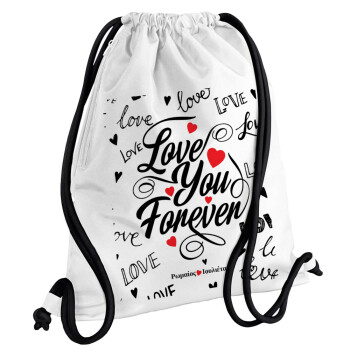 Love You Forever, Backpack pouch GYMBAG white, with pocket (40x48cm) & thick cords