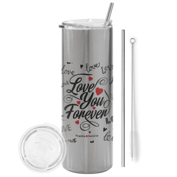 Love You Forever, Eco friendly stainless steel Silver tumbler 600ml, with metal straw & cleaning brush