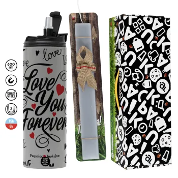Love You Forever, Πασχαλινή Λαμπάδα με Travel Tumbler θερμό (600ml, BPA free) & κερί αρωματικό πλακέ (30cm) (ΓΚΡΙ)
