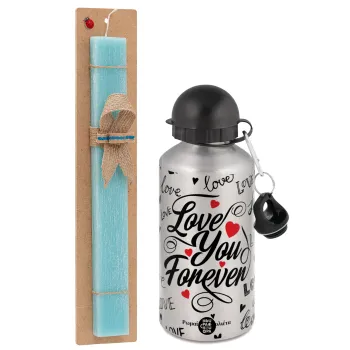 Love You Forever, Easter Set, metallic silver aluminum water bottle (500ml) & scented flat Easter candle (30cm) (TURQUOISE)