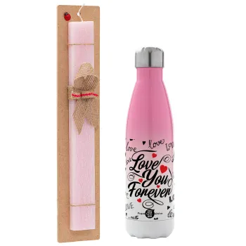 Love You Forever, Easter Set, Metallic pink/white (Stainless steel) thermos, double-walled, 500ml & aromatic flat Easter candle (30cm) (PINK)
