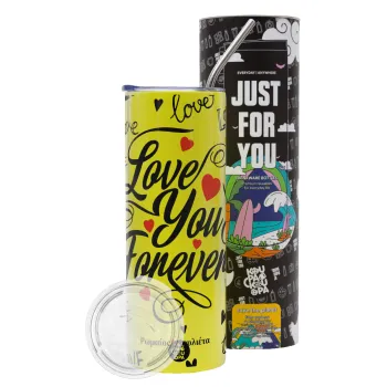 Love You Forever, Neon Yellow Travel Tumbler θερμό, μεταλλικό καλαμάκι(Ανωξείδωτο 304 Food grade, BPA free, 600ml)