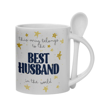 This mug belongs to the BEST HUSBAND  in the world!, Ceramic coffee mug with Spoon, 330ml (1pcs)