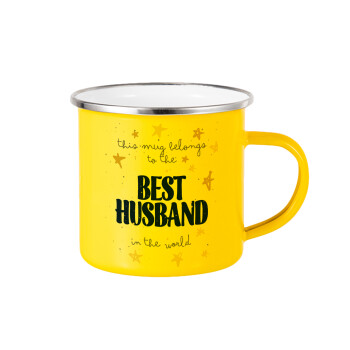 This mug belongs to the BEST HUSBAND  in the world!, Κούπα Μεταλλική εμαγιέ Κίτρινη 360ml