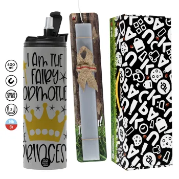 I am the fairy Godmother of the Princess, Πασχαλινή Λαμπάδα με Travel Tumbler θερμό (600ml, BPA free) & κερί αρωματικό πλακέ (30cm) (ΓΚΡΙ)