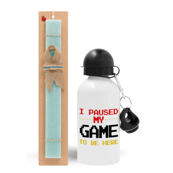 I paused my game to be here, Easter Set, metallic aluminum water bottle (500ml) & scented flat candle (30cm) (TURQUOISE)
