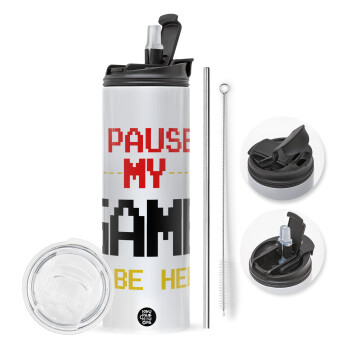 I paused my game to be here, Travel Tumbler 2 Lids, with metal straw & cleaning brush (Stainless steel 304 Food grade, BPA free, 600ml)