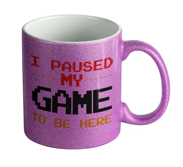 I paused my game to be here — Κούπα Μωβ Glitter που γυαλίζει, κεραμική, 330ml