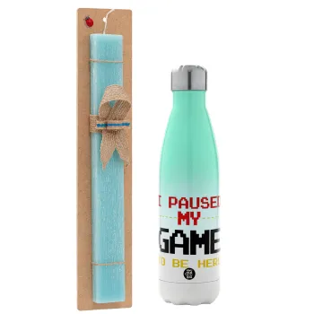I paused my game to be here, Easter Set, Metallic green/white thermos (Stainless steel), double-walled, 500ml & scented flat Easter candle (30cm) (TURQUOISE)