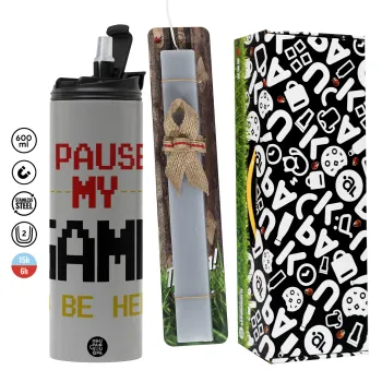 I paused my game to be here, Easter candle with Grey Tumbler Thermo 600ml & aromatic flat candle (30cm) (GREY)