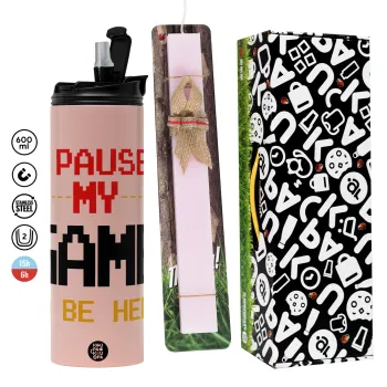 I paused my game to be here, Easter candle,Travel Tumbler 2 Lids, with metal straw & cleaning brush & aromatic flat candle (30cm) (PINK)