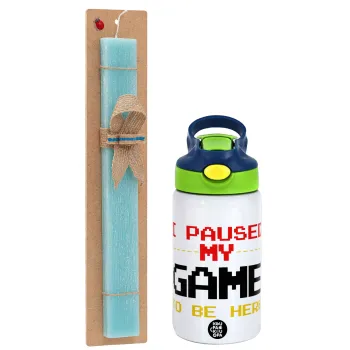 I paused my game to be here, Easter Set, Children's thermal stainless steel bottle with safety straw, green/blue (350ml) & aromatic flat Easter candle (30cm) (TURQUOISE)