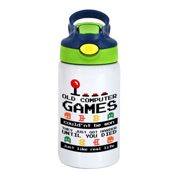 OLD computer games couldn't be won just like real life!, Children's hot water bottle, stainless steel, with safety straw, green, blue (350ml)