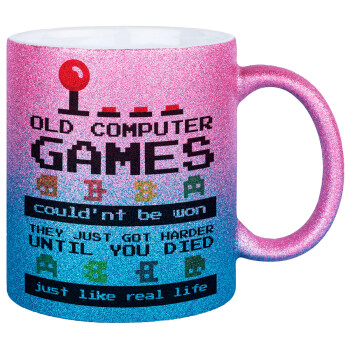 OLD computer games couldn't be won just like real life!, Κούπα Χρυσή/Μπλε Glitter, κεραμική, 330ml