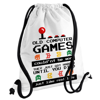 OLD computer games couldn't be won just like real life!, Backpack pouch GYMBAG white, with pocket (40x48cm) & thick cords