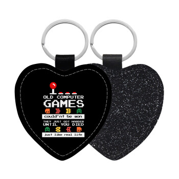 OLD computer games couldn't be won just like real life!, Μπρελόκ PU δερμάτινο glitter καρδιά ΜΑΥΡΟ